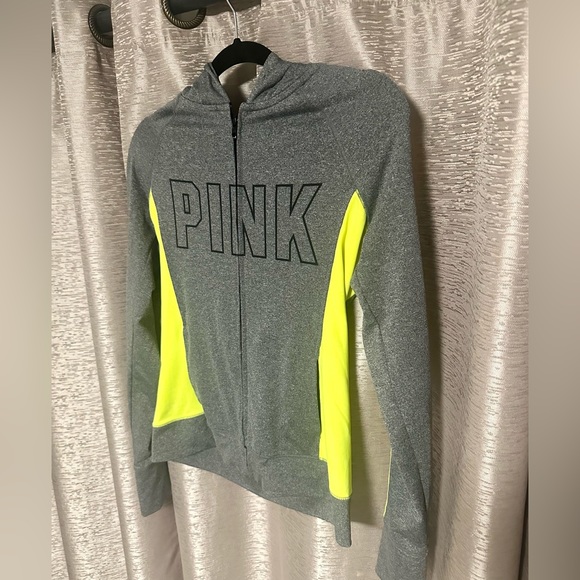 PINK Victoria's Secret Sweaters - PINK Victoria Secret S Ultimate Hoodie Gray Neon Thumb Hole Pocket
